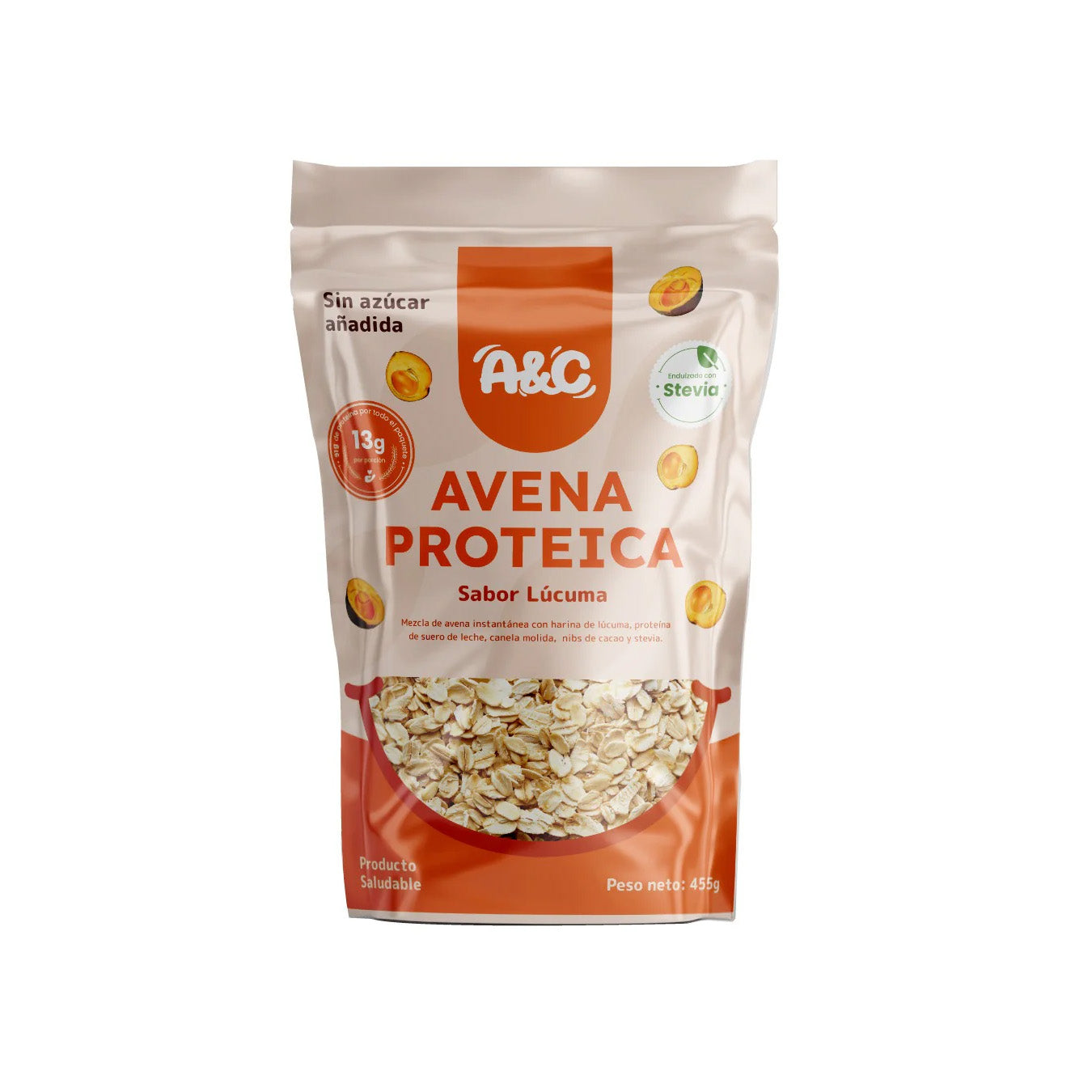 Bolsa de avena proteica sabor a lúcuma de 455g.