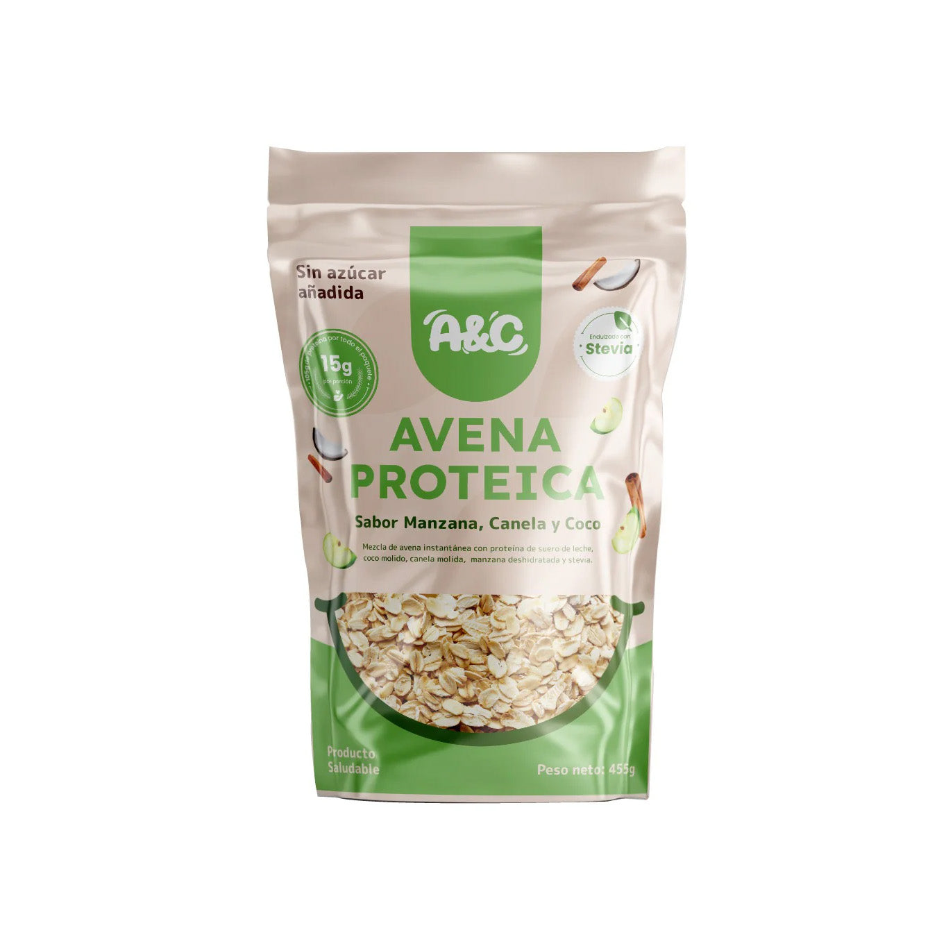 Bolsa de avena proteica sabor a manzana, canela y coco de 455g.