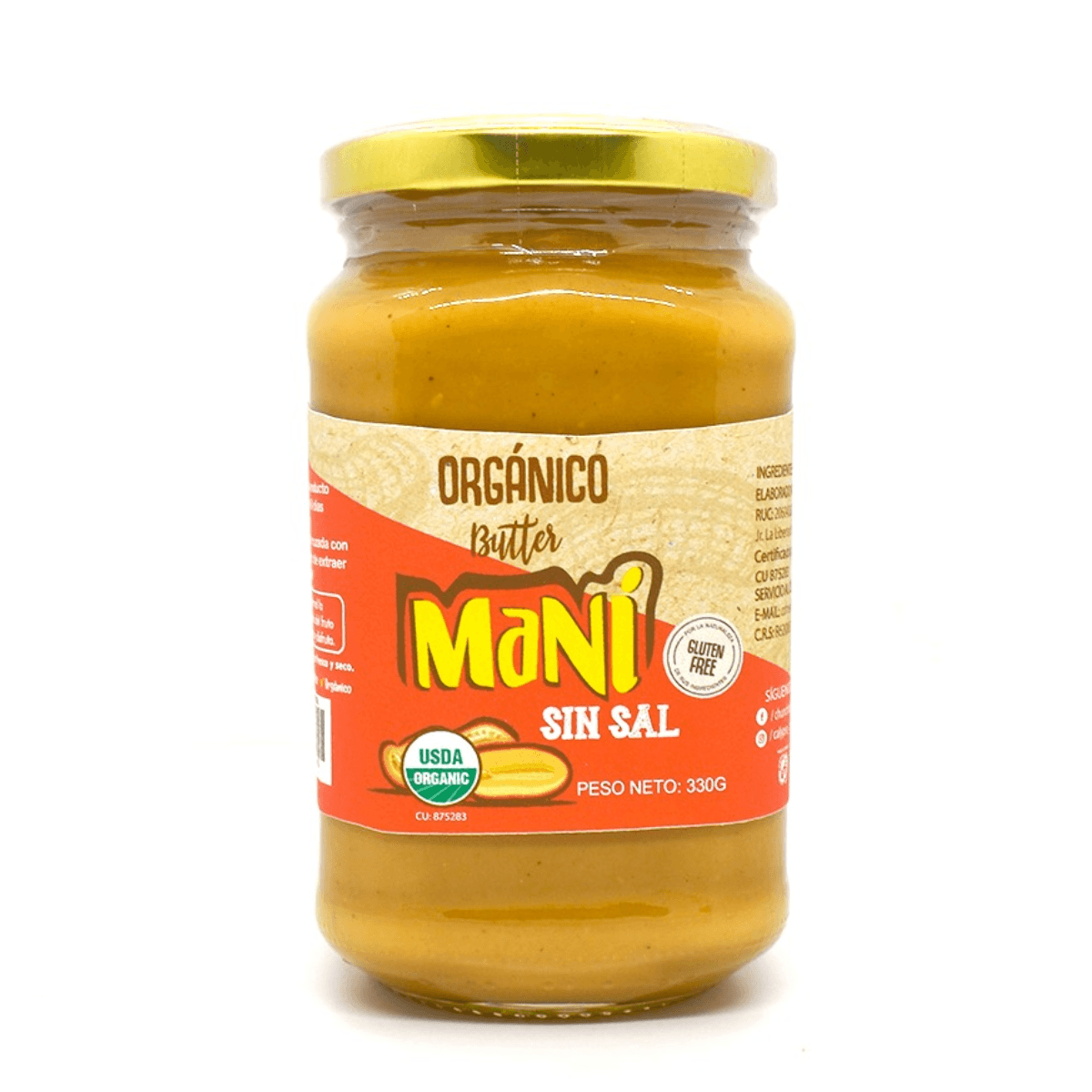 Frasco de mantequilla de maní sin sal de 330g.