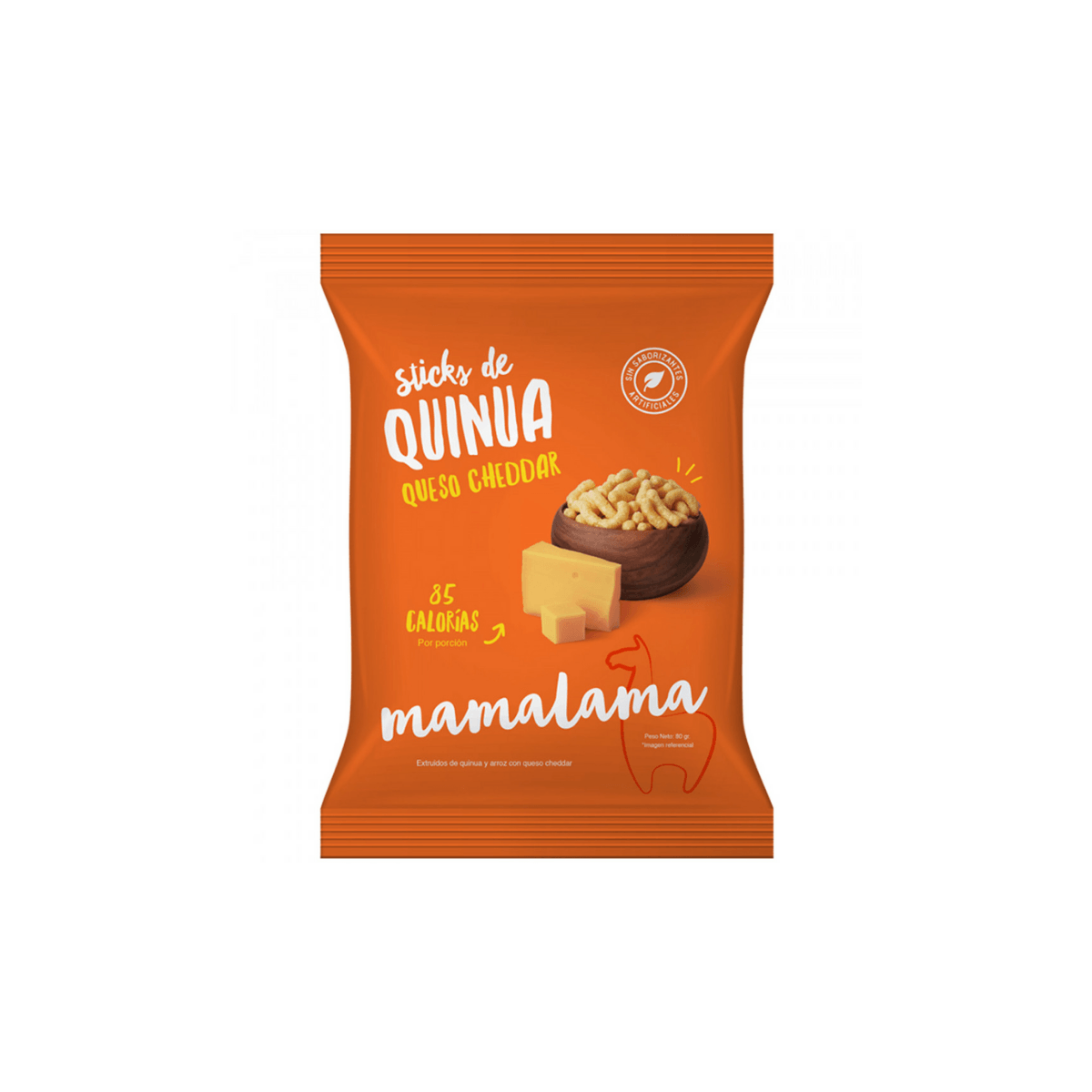 Bolsa de sticks de quinua marca Mamalama sabor a queso cheddar.